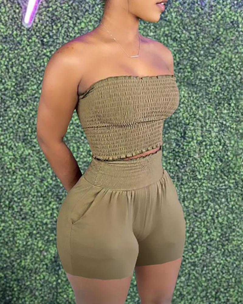 

Bandeau Shirred Top & Pocket Design Shorts Set, Green