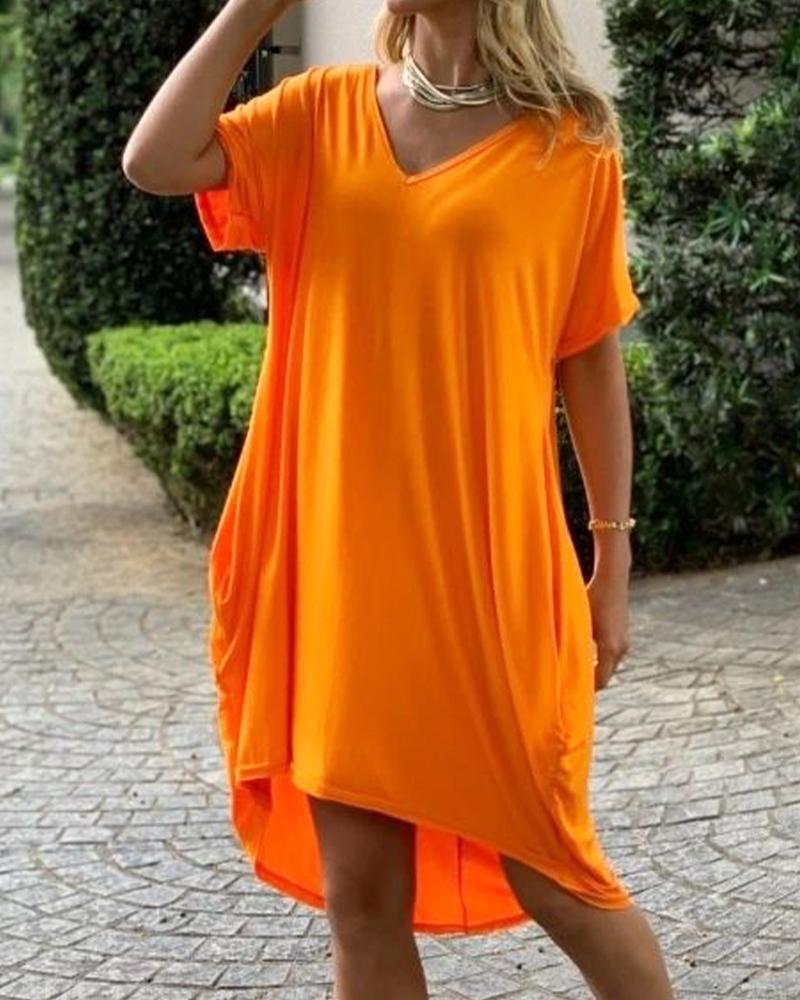 

Pocket Detail V-Neck Casual Dress, Orange