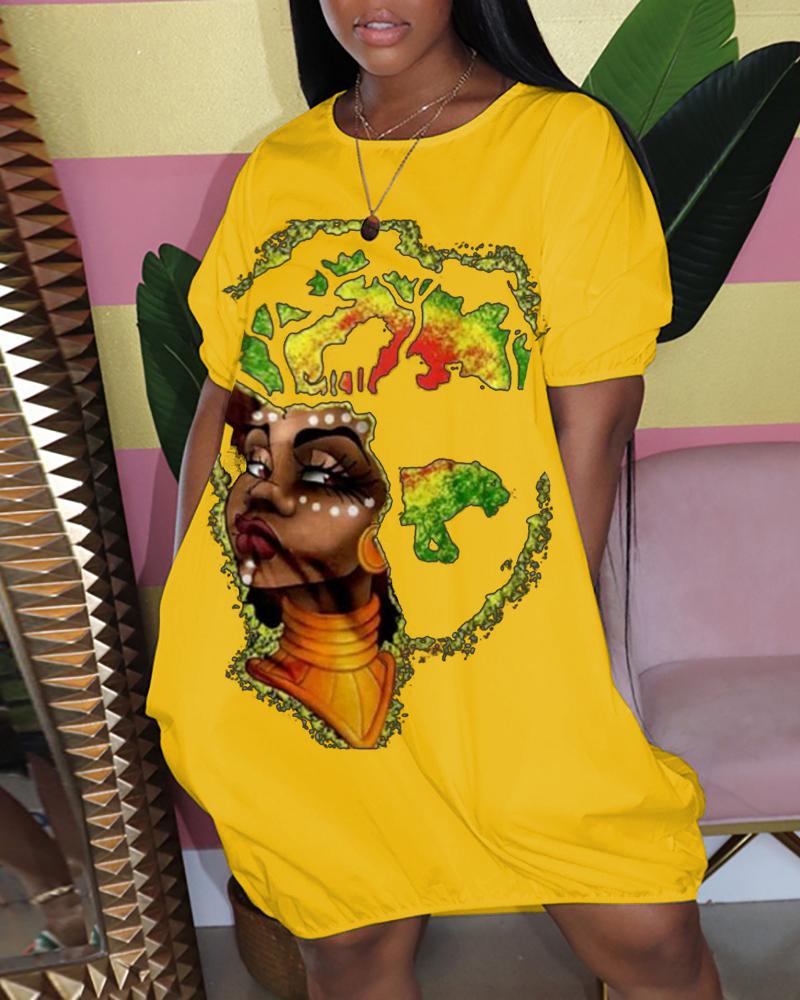 

Figure Print Short Sleeve Casual Dress, Yellow
