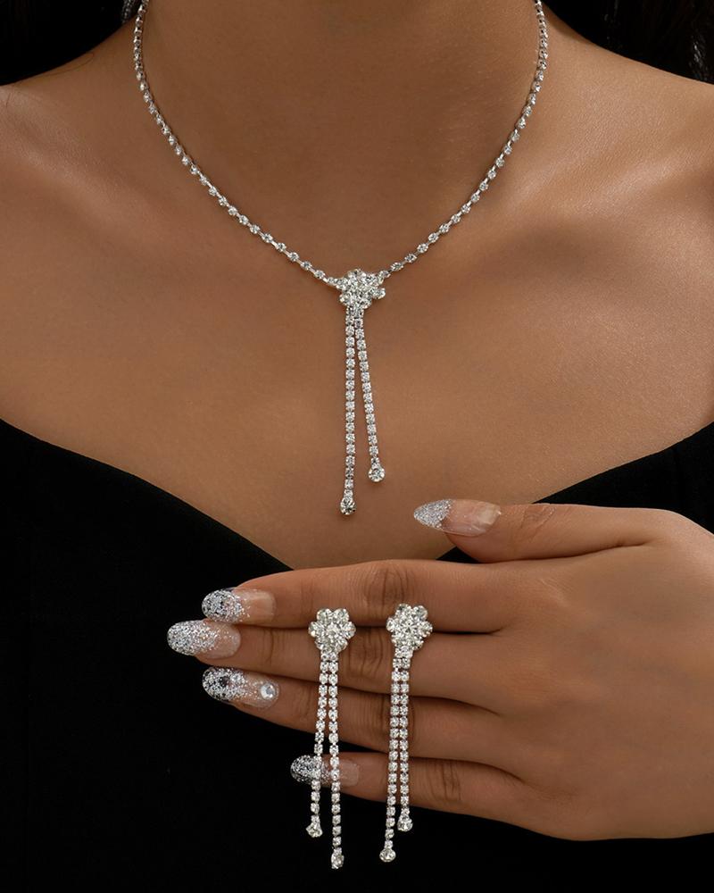 

2PCS Rhinestone Tassel Pendant Necklace & Drop Earrings Evening Party Wedding Jewelry Set, White