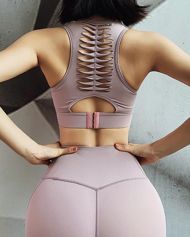 

Hollow Out Thick Strap Solid Sporty Top, Purple