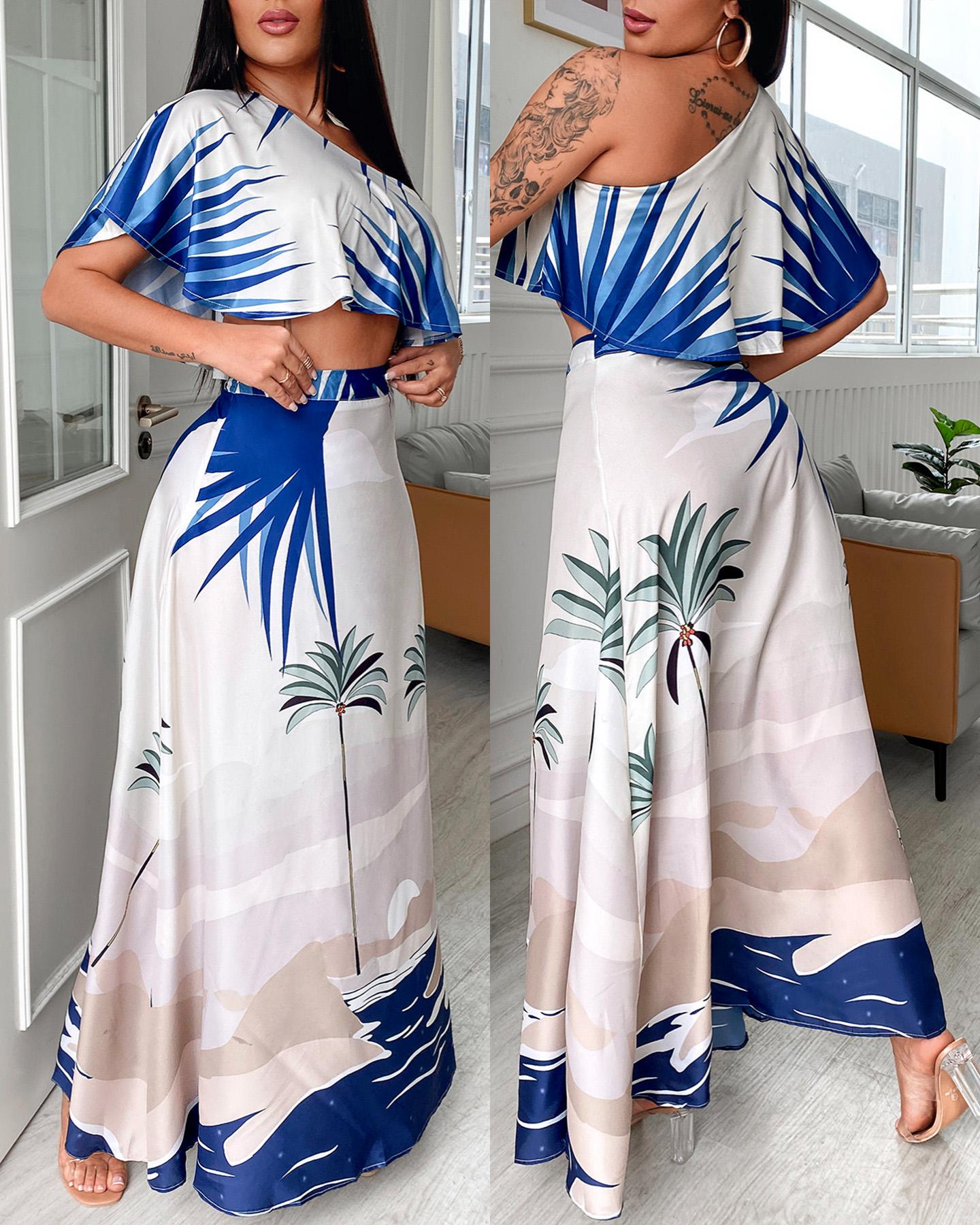 

Tropical Print One Shoulder Ruffles Hem Top & Maxi Skirt Set, Beige