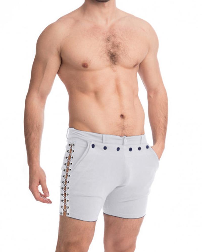 

Lace-up Solid Color Cut-out Short Pants, White