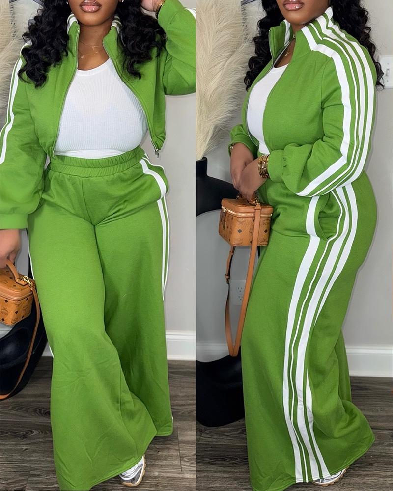 

2 Pieces Outfit Stand Collar Zip Up Stretchy Hem Crop Coat and Elastic Waist Wide Leg Pants Set Casual Contrast Side Striped Set, Green