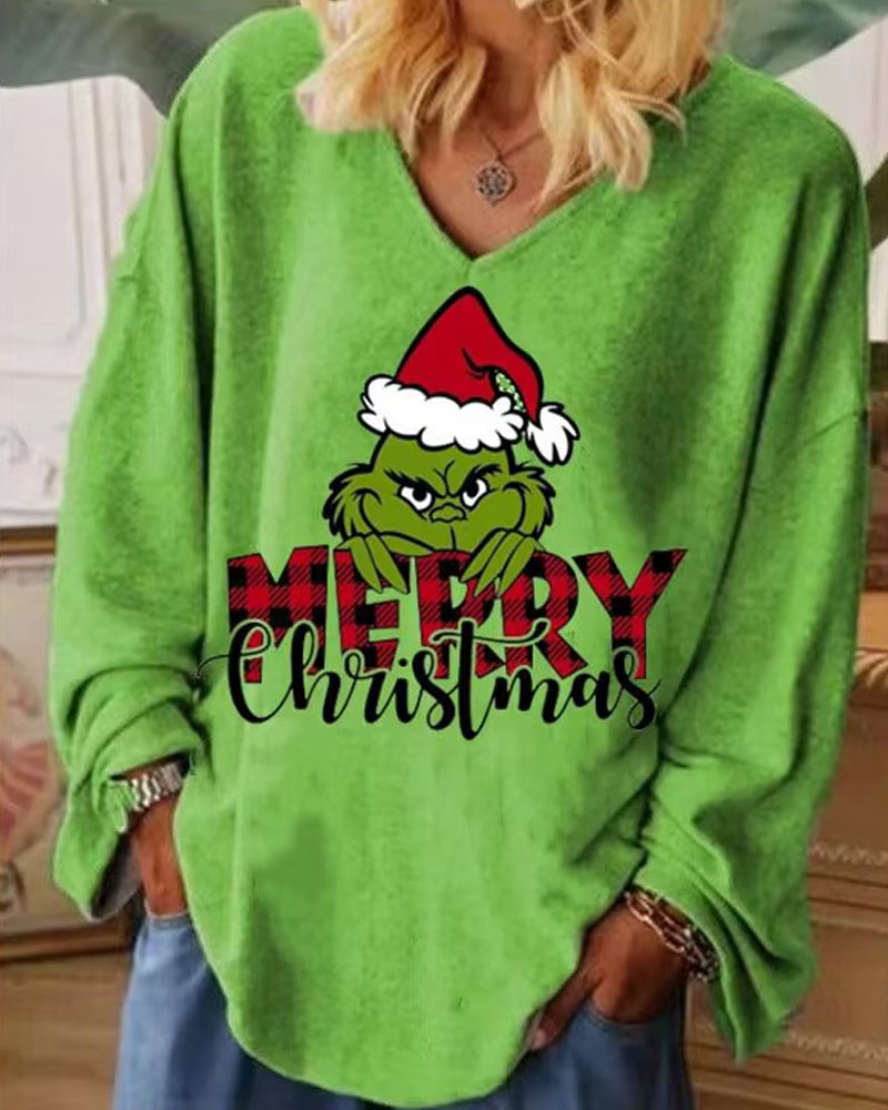 

Plus Size Grinch Stole Christmas Print Long Sleeve Top, Green