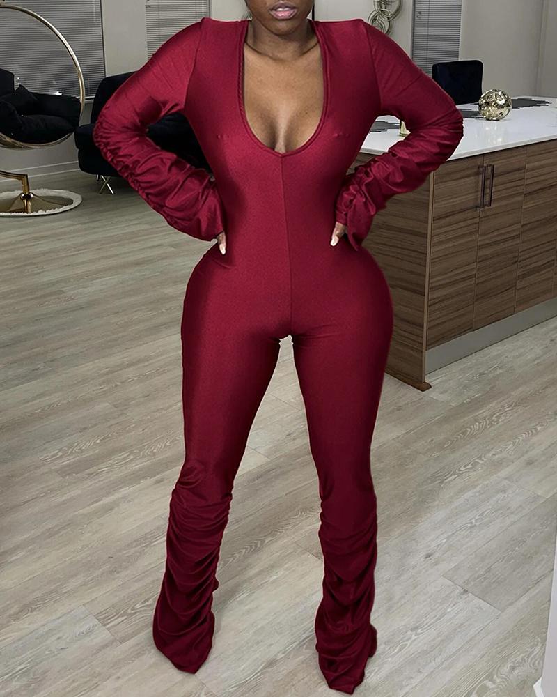 

Plunge Long Sleeve Fold Skinny Jumpsuit, Wine red