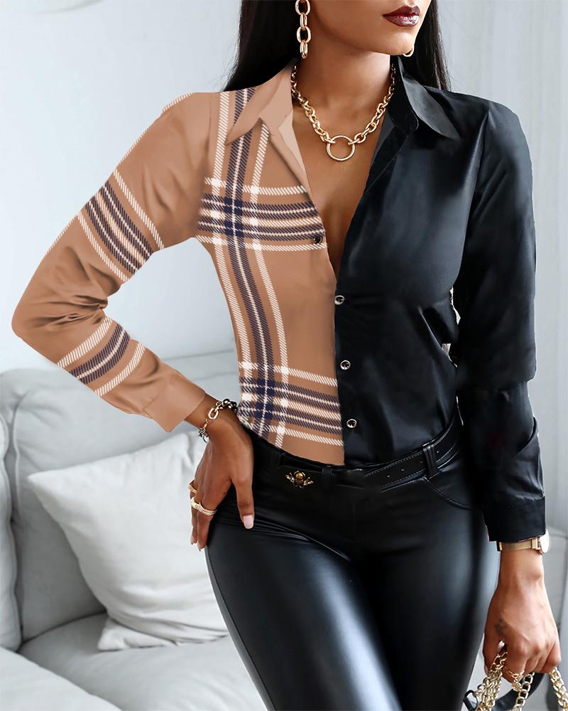 

Plaid Print Colorblock Long Sleeve Button Up Top Elegant Work Blouse, Khaki