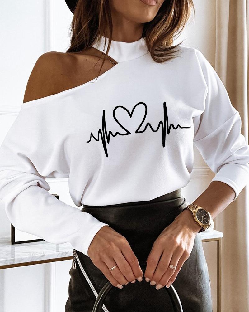 

Graphic Print Cold Shoulder Long Sleeve Tee, White