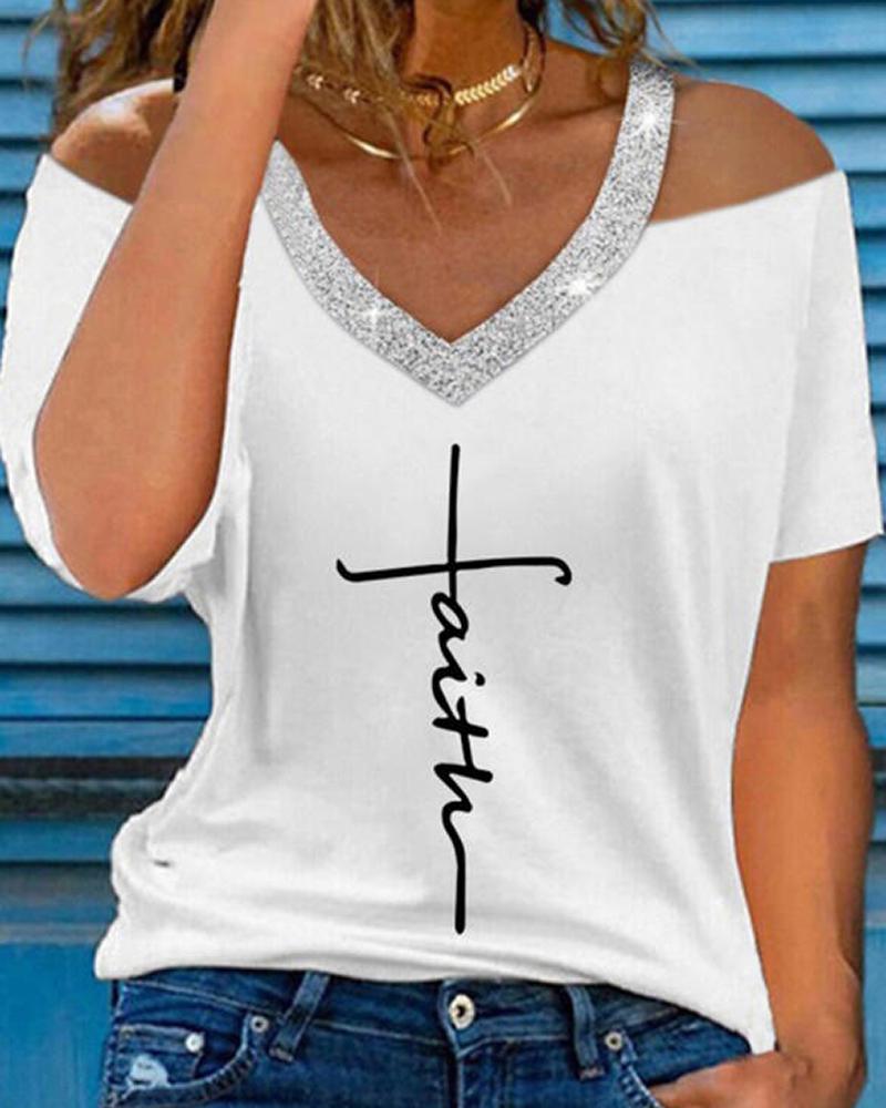 

Letter Print Cold Shoulder Top, White