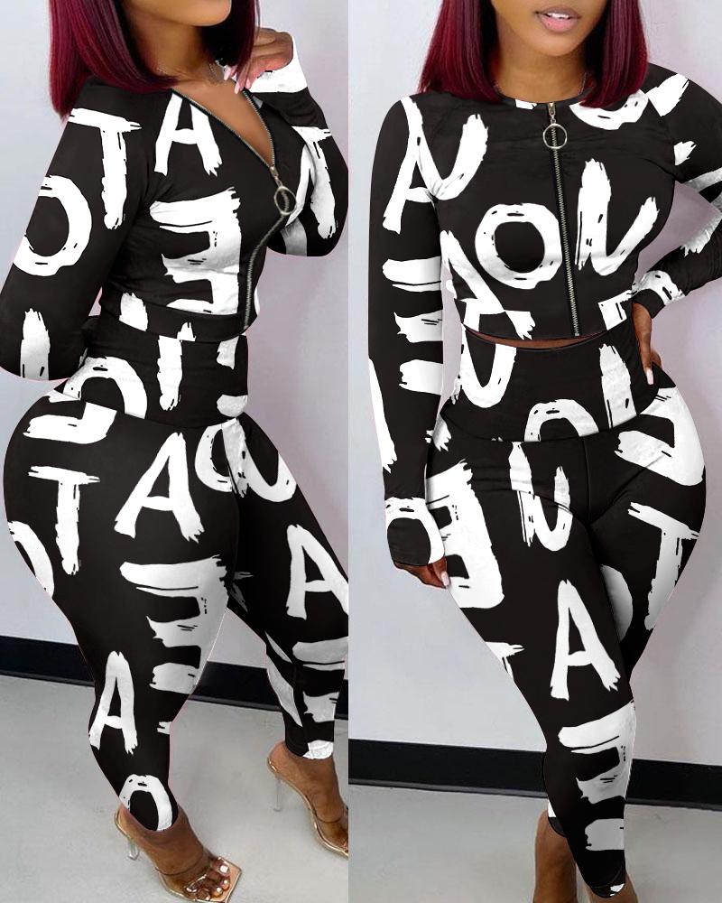 

Letter Print Zip Front Crop Top & High Waist Pants Set, Black
