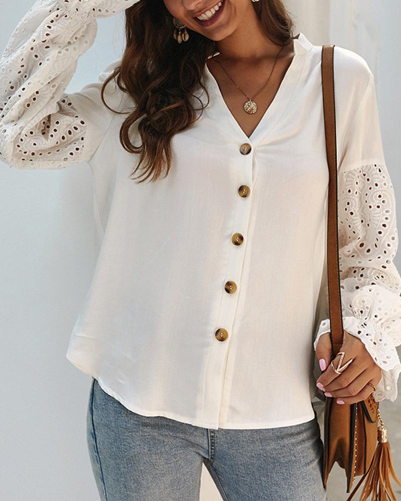

Perforated Sleeve V Neck Top, White