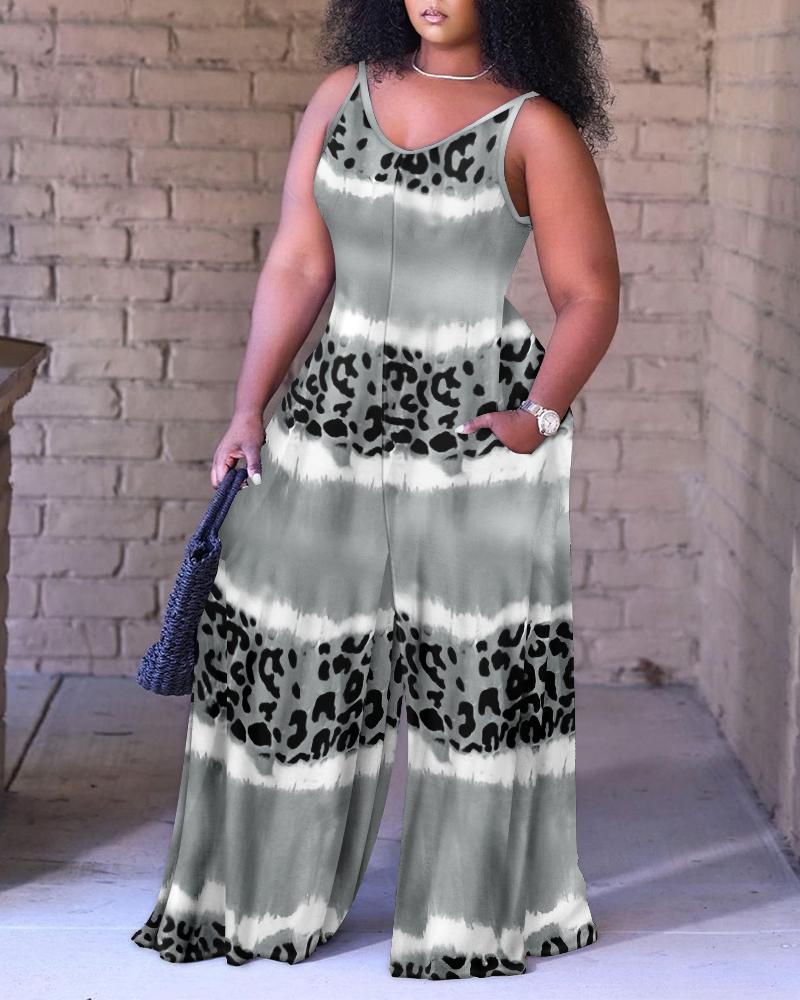 

Plus Size Tie Dye Leopard Print Wide Leg Jumpsuit, Gray