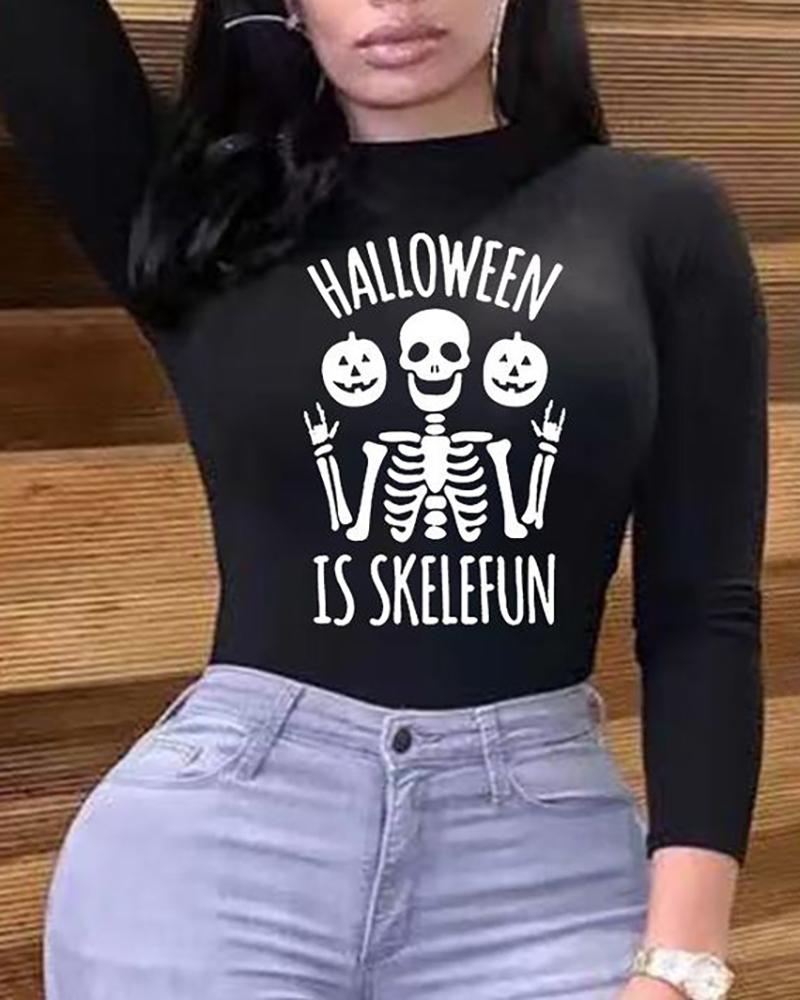 

Halloween Letter Skeleton Print Long Sleeve Top, Black
