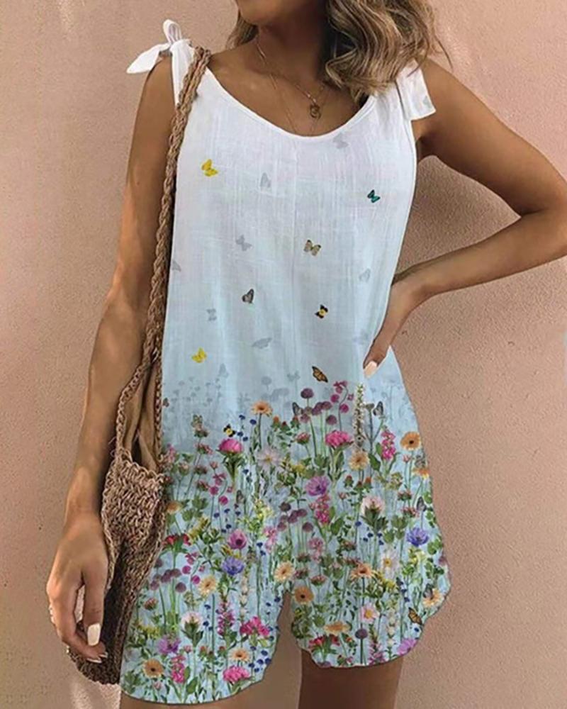 

Tied Detail Floral Butterfly Print Romper, White