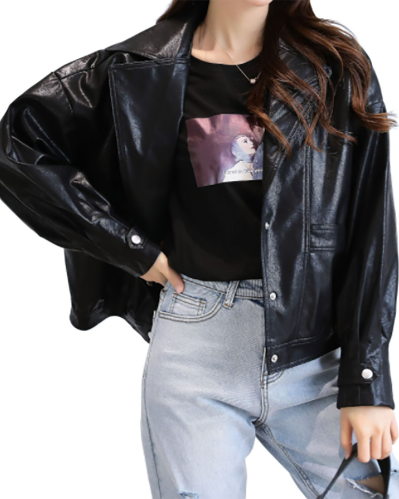 

Button Design PU Leather Long Sleeve Jacket, Black