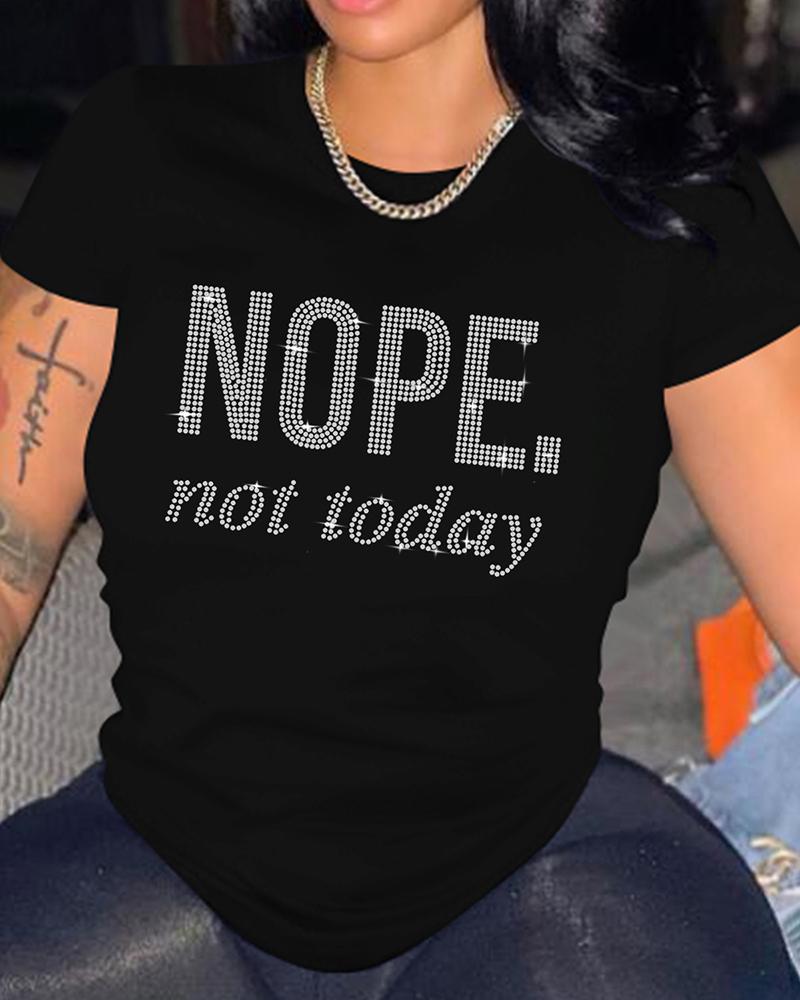 

Short Sleeve Rhinestone Letter Pattern T-shirt, Black