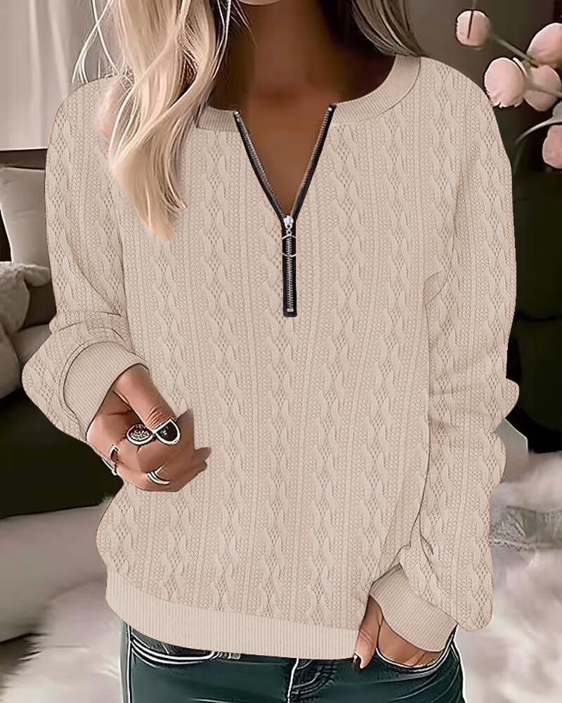 

Zipper Design Long Sleeve Braided Top, Apricot