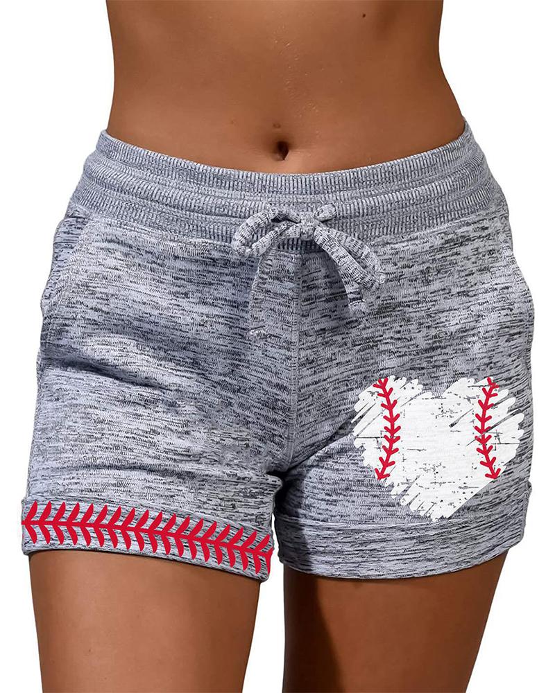 

Heart Print Drawstring Active Shorts, Light gray