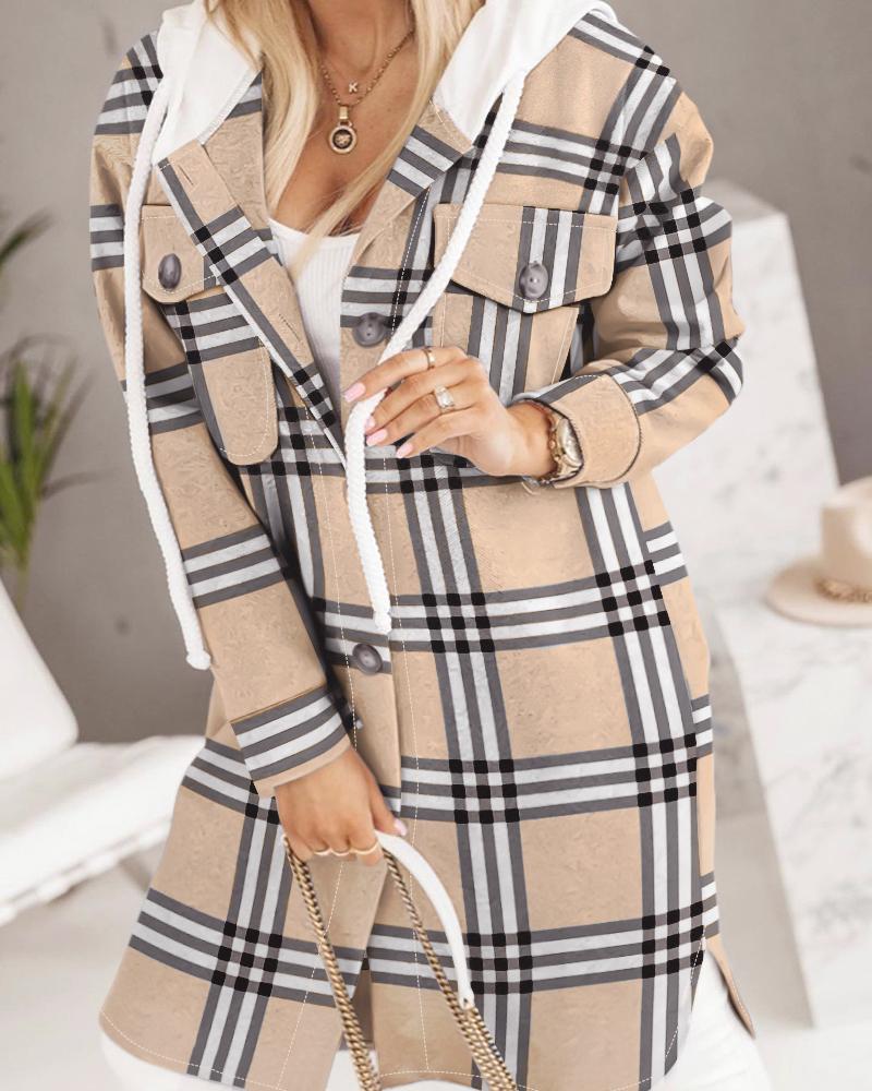 

Plaid Print Pocket Design Hooded Longline Coat, Apricot