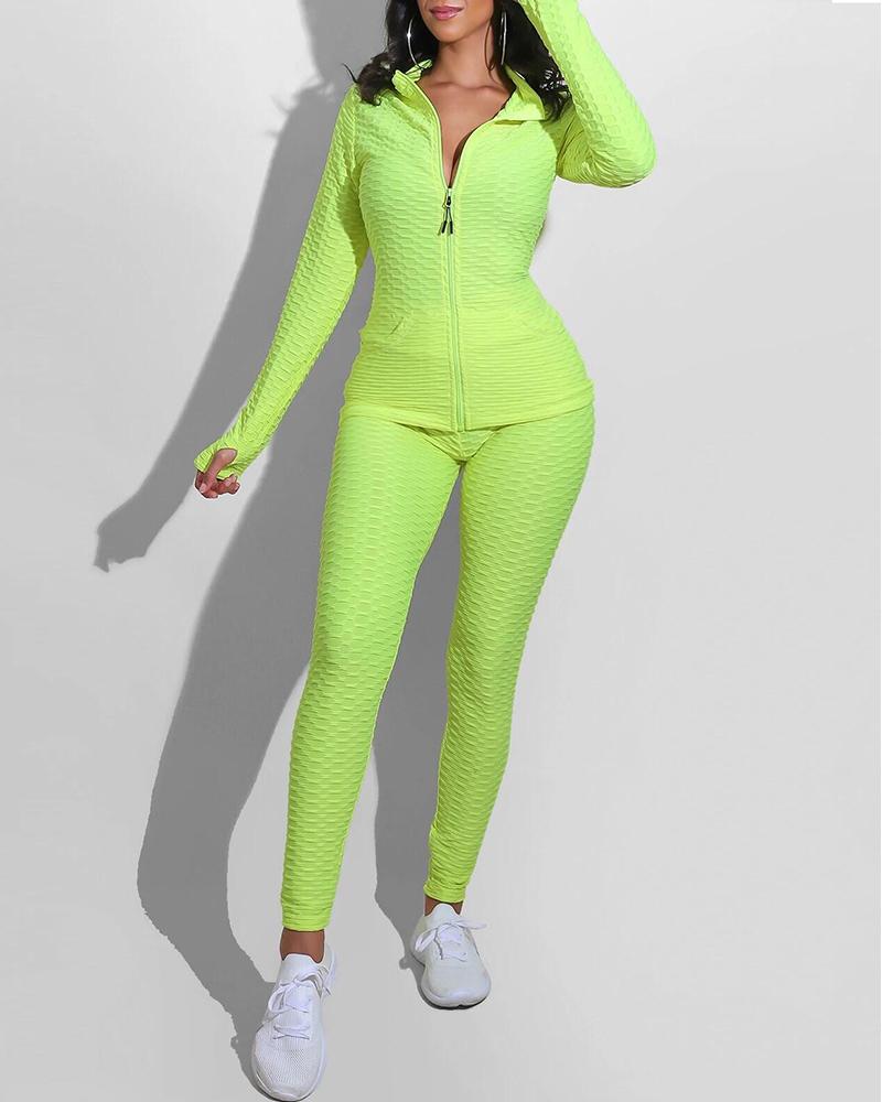 

Bubble Textured Zipper Design Top & Pants Set, Green