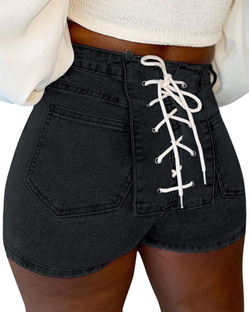 

Lace-up Solid Color Skinny Denim Hot Pants, Black