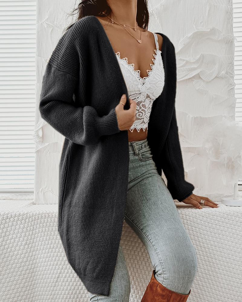 

Open Front Lantern Sleeve Knit Cardigan, Black