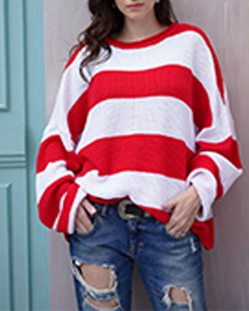 

Round Neck Striped Colorblock Sweater, Red