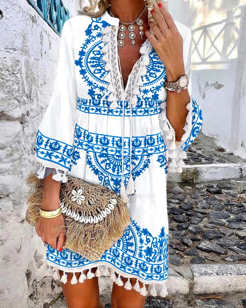 

Tribal Print Tassel Decor Bell Sleeve Casual Dress, White