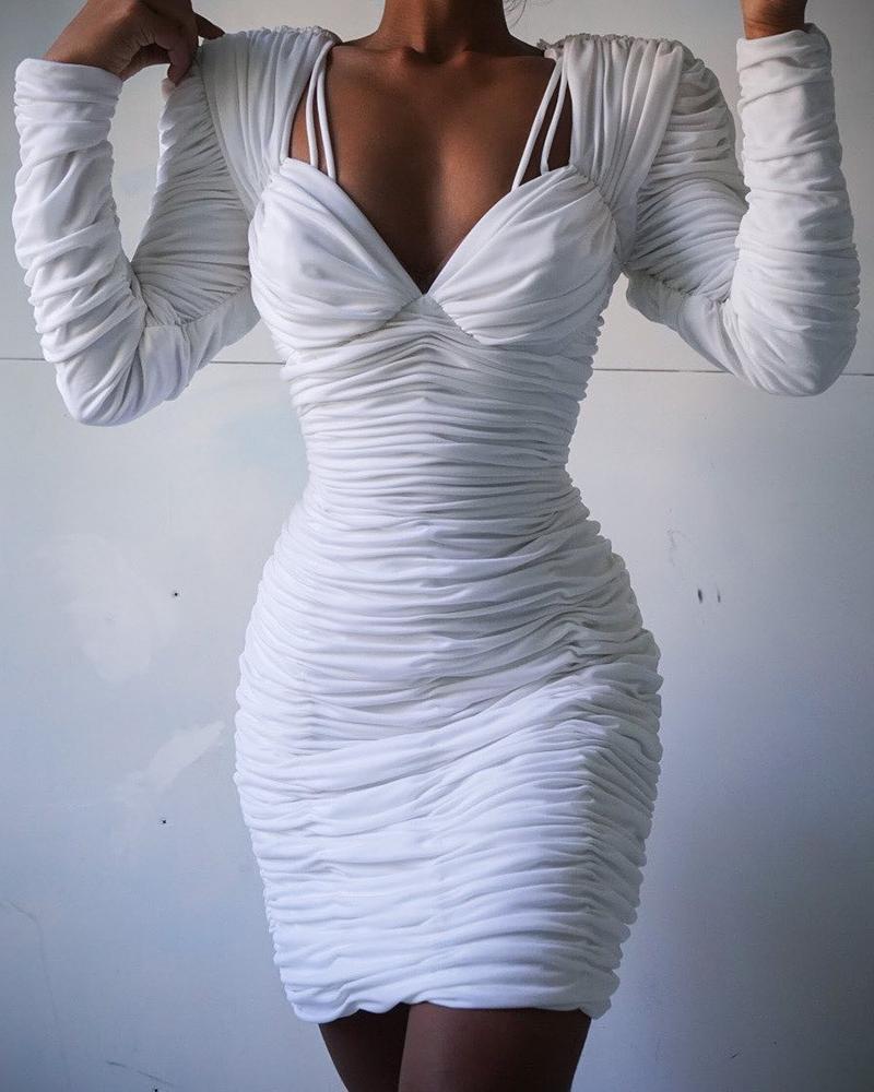 

Solid Long Sleeve Ruched Bodycon Dress, White