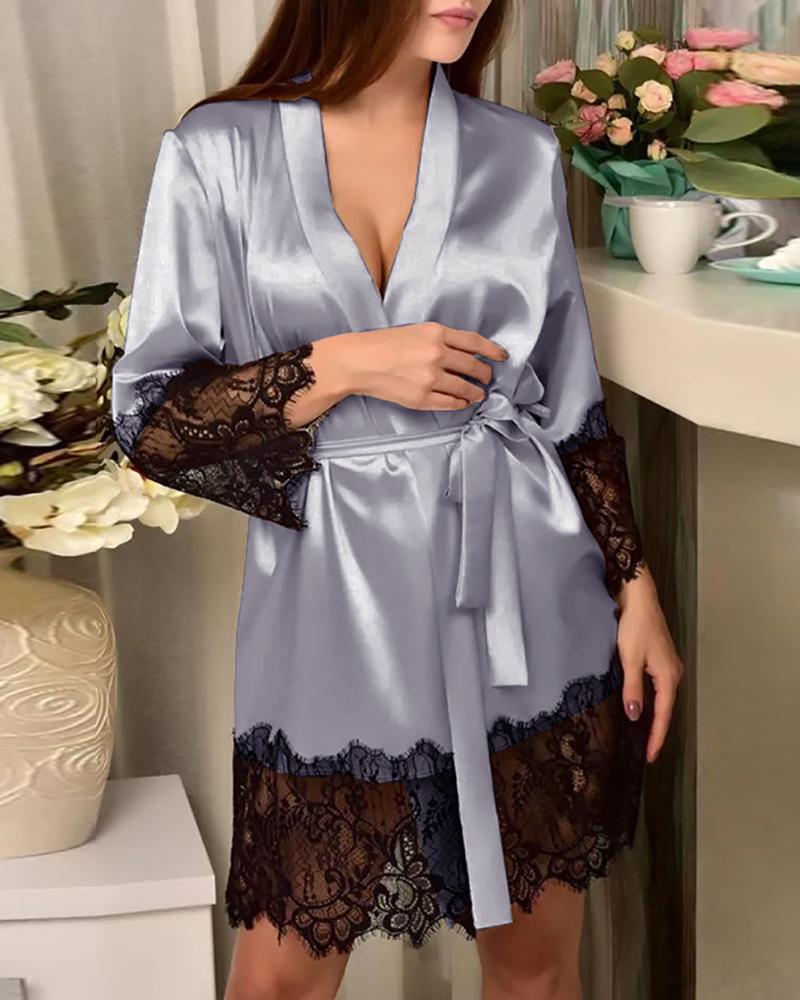 

Eyelash Crochet Lace Satin Tied Detail Lounge Robe, Gray