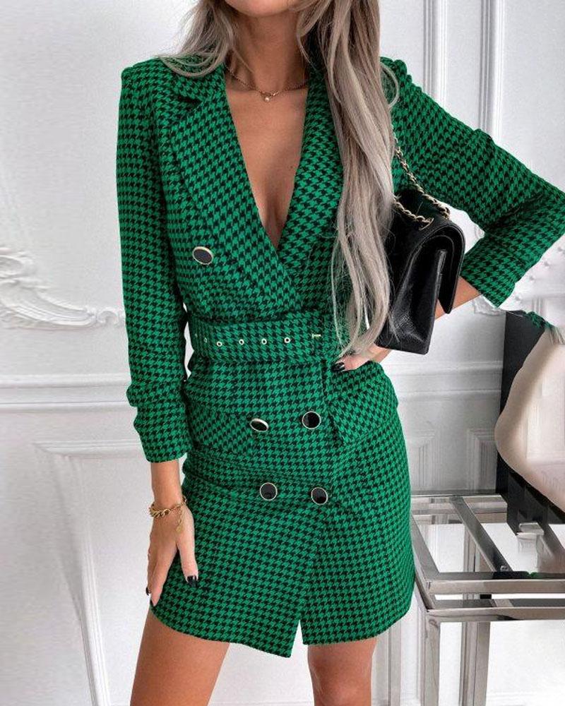 

Houndstooth Print Double Breasted Belted Blazer Dress, Green