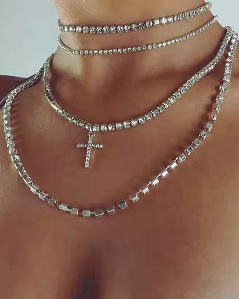 

Rhinestone Cross Pendant Necklace, Silver