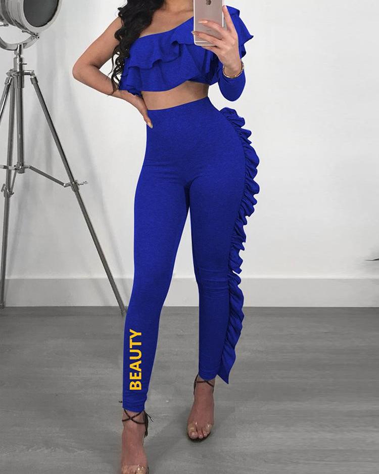 

One Shoulder Ruffles Design Pants Set, Blue