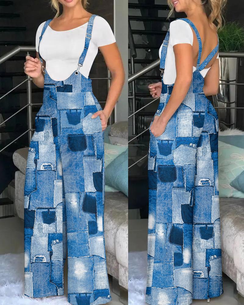 

Denim Look Print Wide Leg Suspender Jumpsuit, Blue