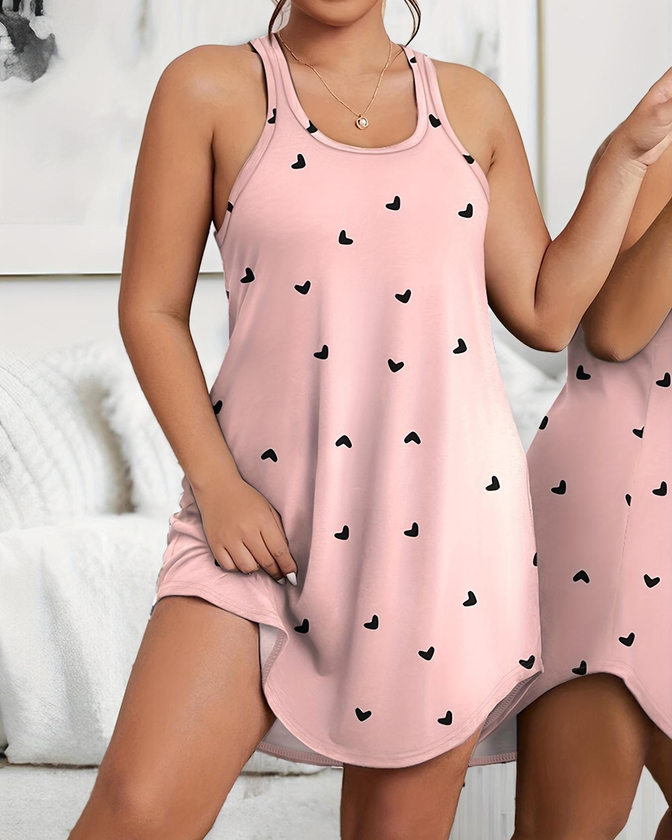 

Plus Size Heart Print Sleeveless Sleep Dress, Pink