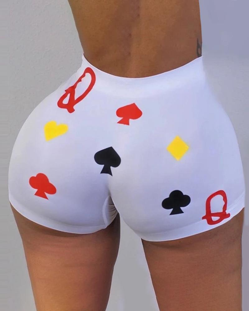 

Poker Print High Waist Casual Shorts, White