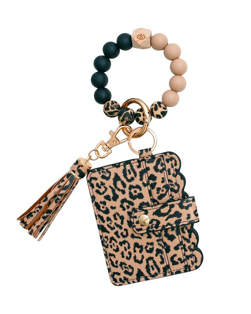 

Tassel Beaded Cheetah Print Purse Bag Accessories Key Ring, Khaki