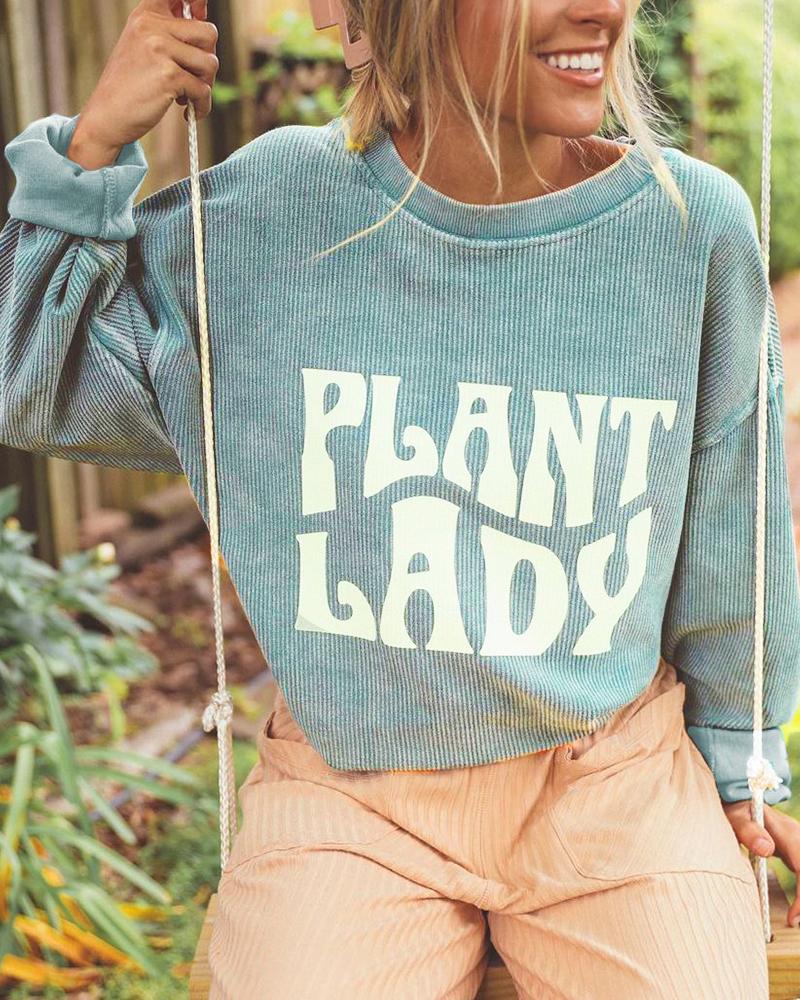 

Ribbed Letter Print Long Sleeve Sweatshirt, Green