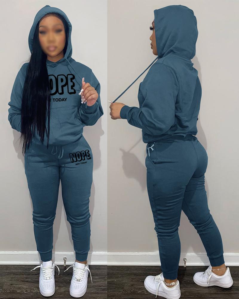 

Letter Print Long Sleeve Casual Hoodie & Pants Set, Blue