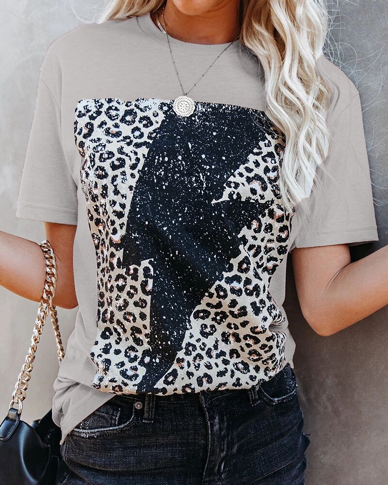 

Flash & Leopard Print Short Sleeve Loose T-shirts, Gray