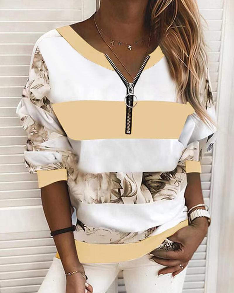 

Plus Size Striped Floral Print Zip Front Long Sleeve Top, Yellow