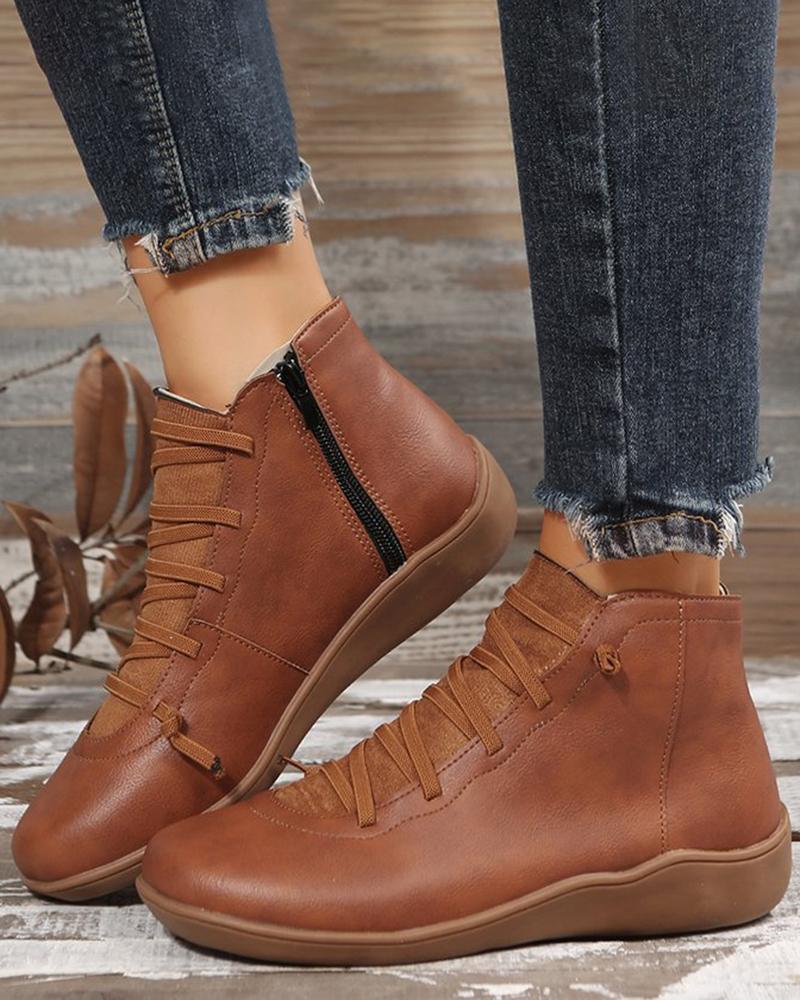 

Side Zip Lace-up Ankle Boots, Brown