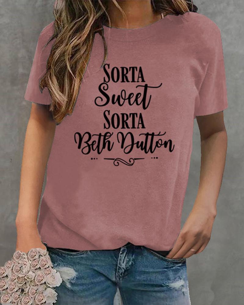 

Sorta Sweet Letter Print Casual T-shirt, Red bean