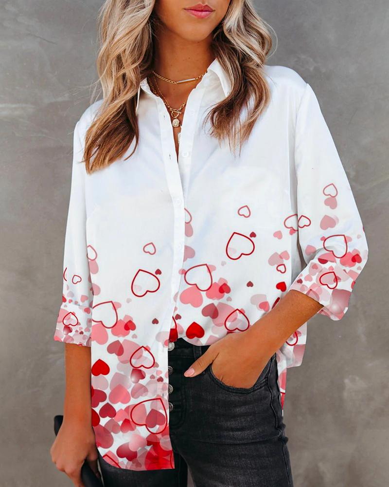 

Valentine' Day Heart Print Long Sleeve Button Down Shirt, White