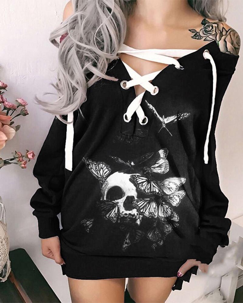 

Halloween Skull Print Eyelet Lace-Up Sweatshirt Dress, Style1