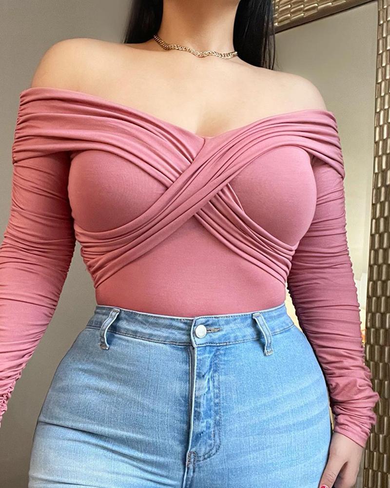 

Off Shoulder Wrap Long Sleeve Plain T-shirt, Pink