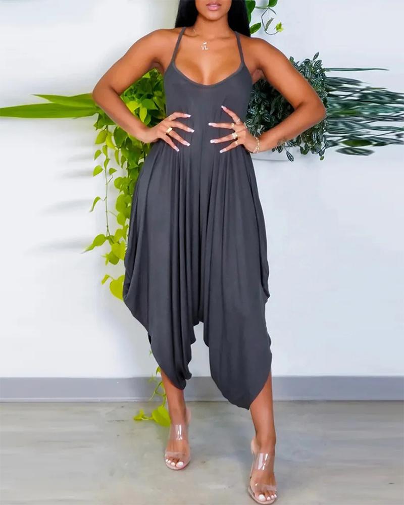 

Solid Draped Asymmetrical Hem Cami Jumpsuit, Gray