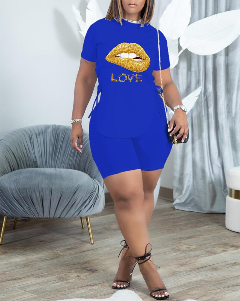 

Lip Letter Print Eyelet Lace-up Top & Shorts Set, Blue