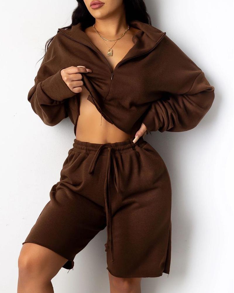 

Zipper Design Crop Top & High Waist Drawstring Shorts Set, Coffee