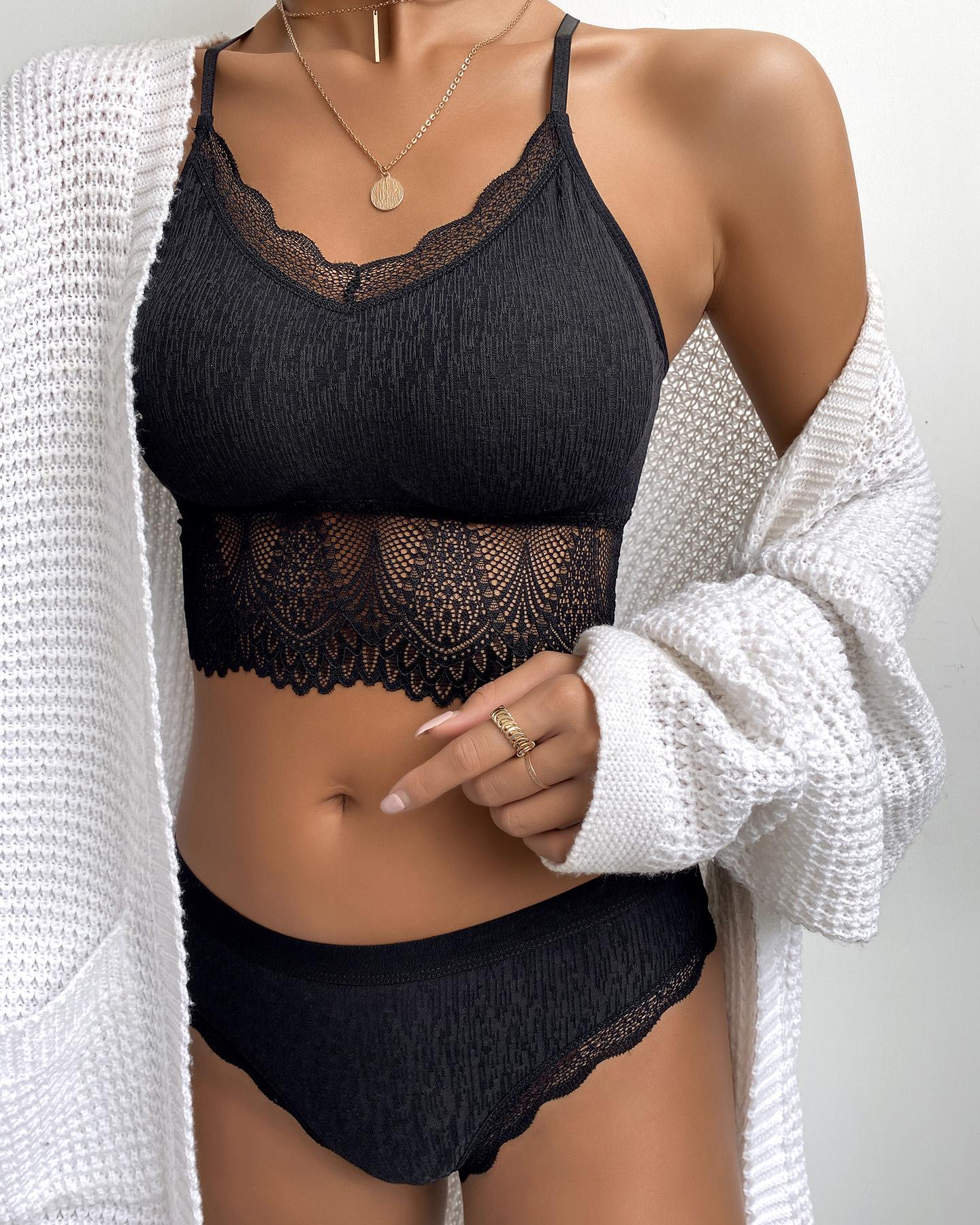

O-Ring Backless Crochet Lace Lingerie Set, Black